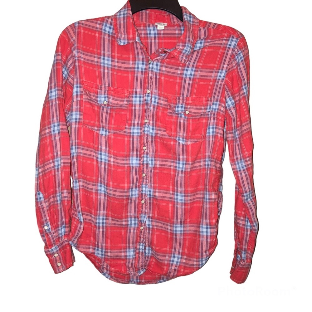 Aerie Plaid Button Up Flannel Shirt Red Blue XS